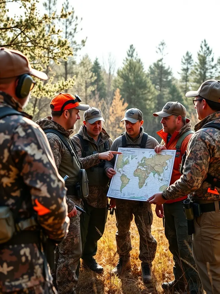 An image of a training session where experienced hunters are teaching new members about responsible hunting techniques and wildlife conservation.