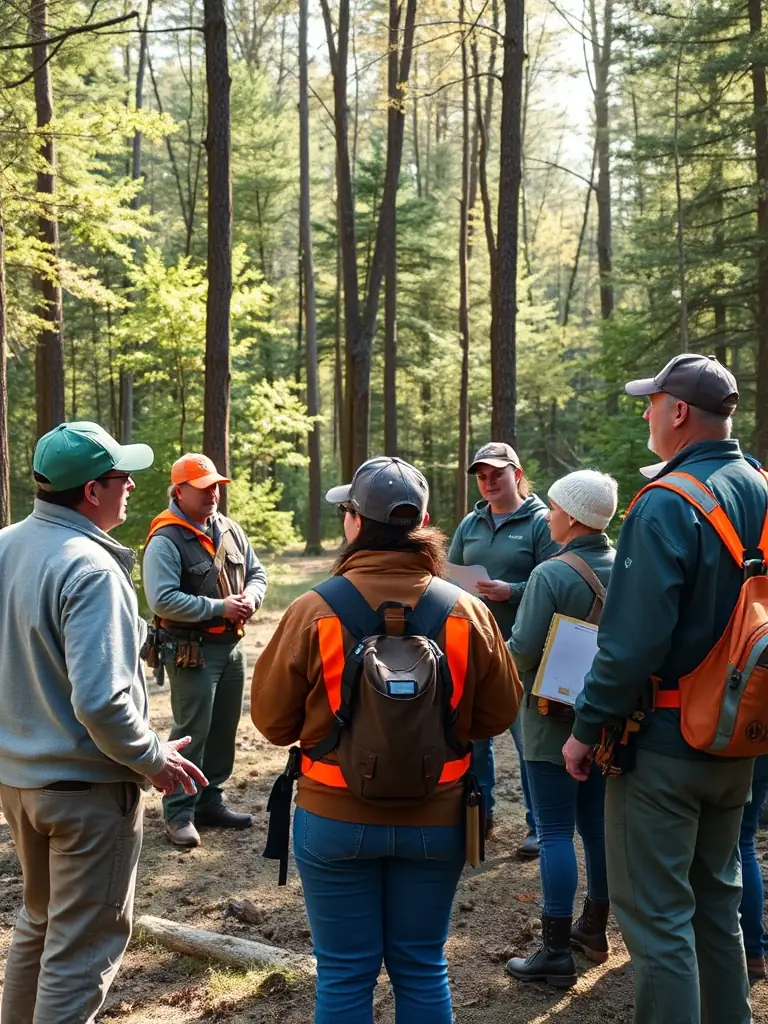A photograph of a training session where experienced members of ASSOCIATION COMMUNALE DE CHASSE AGREEE DE CHAUDES-AIGUES are teaching responsible hunting practices to new members.