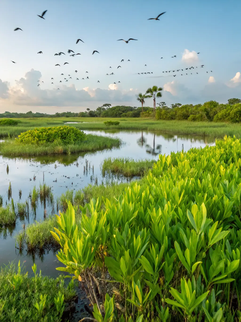 A scenic photograph of protected wetlands with native flora and fauna thriving, showcasing the beauty of conserved ecosystems.