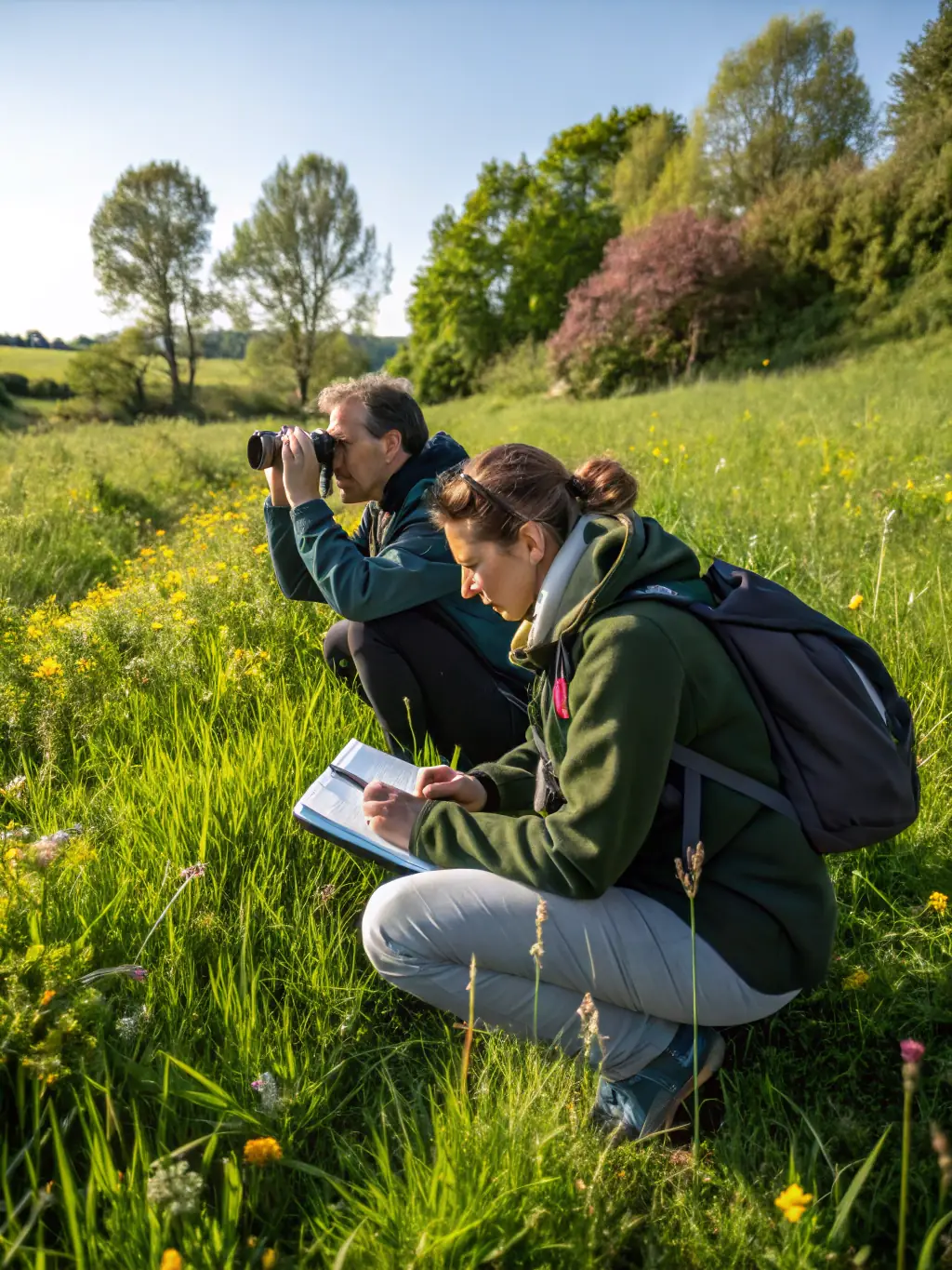 A photograph depicting members of ASSOCIATION COMMUNALE DE CHASSE AGREEE DE CHAUDES-AIGUES participating in a wildlife census, using binoculars and notebooks in a natural setting.