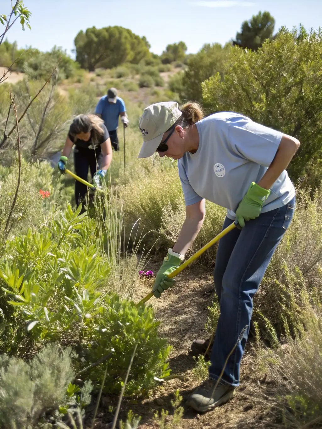A photograph showcasing the removal of invasive plant species from a protected area by members of ASSOCIATION COMMUNALE DE CHASSE AGREEE DE CHAUDES-AIGUES.