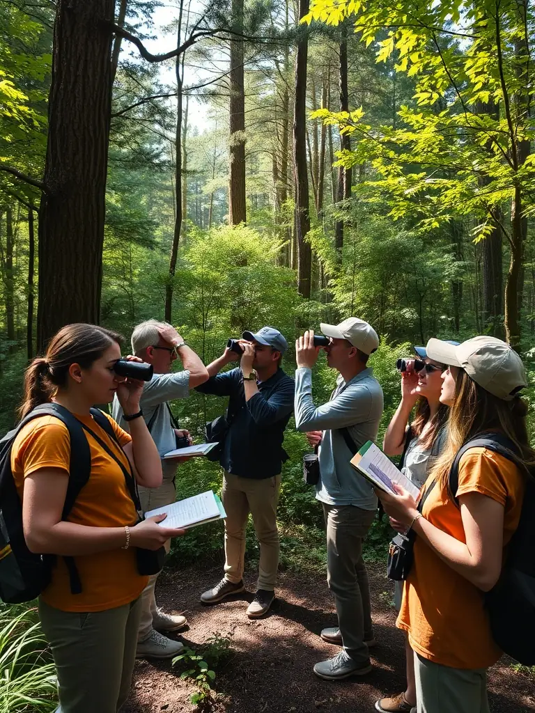 A photograph depicting members of ASSOCIATION COMMUNALE DE CHASSE AGREEE DE CHAUDES-AIGUES participating in a wildlife census, using binoculars and notebooks in a natural setting.