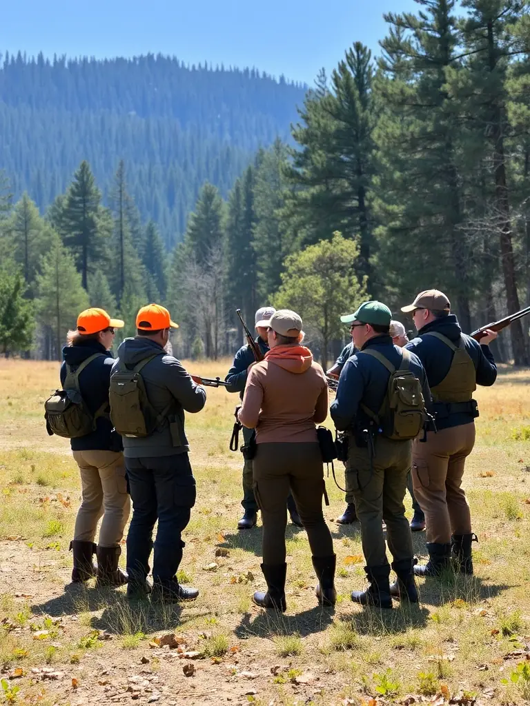 A photograph of a training session where experienced hunters are teaching new members about responsible hunting techniques and wildlife conservation.