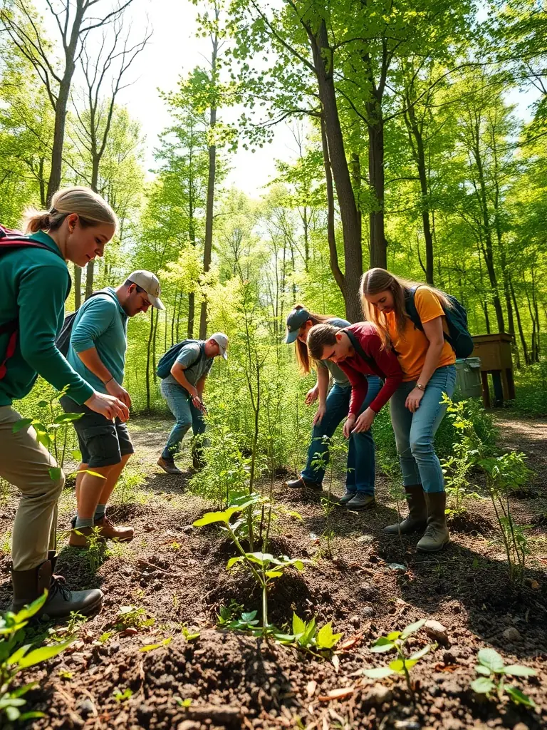 A photograph showing volunteers planting native trees and shrubs as part of a habitat restoration project organized by ASSOCIATION COMMUNALE DE CHASSE AGREEE DE CHAUDES-AIGUES.
