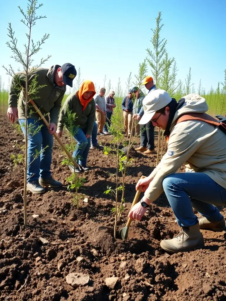 A photograph showing volunteers planting native trees and shrubs as part of a habitat restoration project organized by ASSOCIATION COMMUNALE DE CHASSE AGREEE DE CHAUDES-AIGUES.