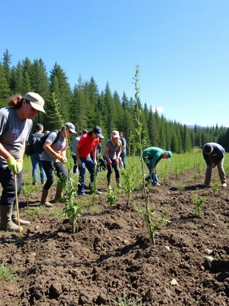 A photograph showing volunteers planting native trees as part of a habitat restoration project organized by ASSOCIATION COMMUNALE DE CHASSE AGREEE DE CHAUDES-AIGUES.