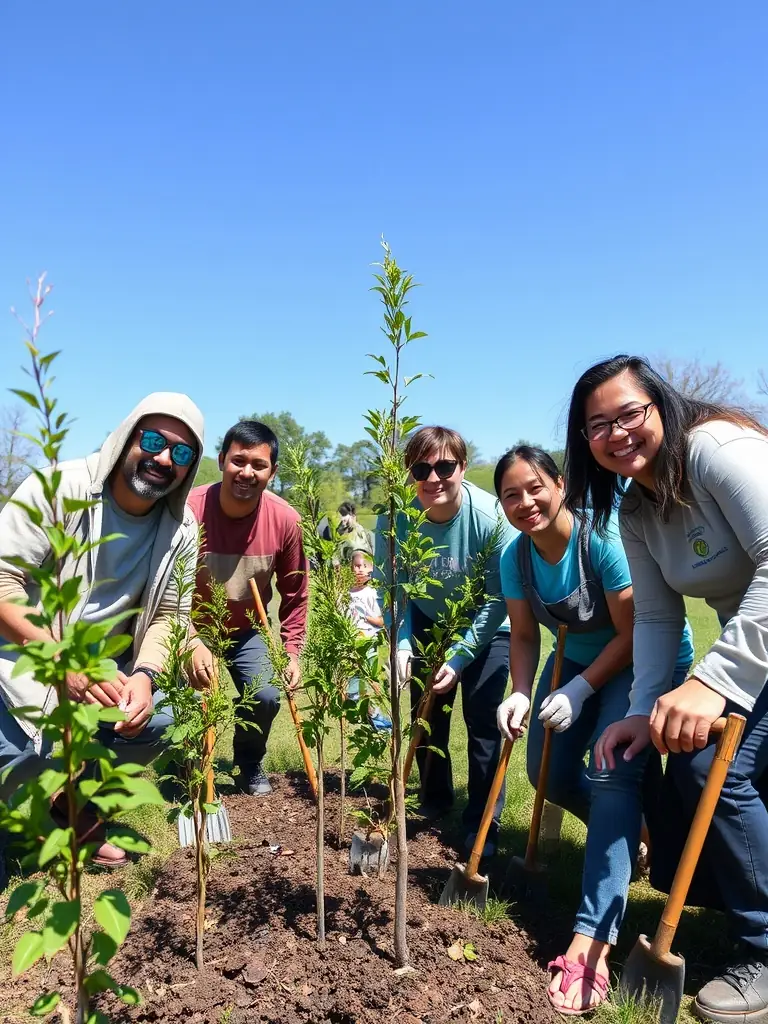 A photograph of volunteers planting trees in a deforested area, symbolizing habitat restoration and community involvement.
