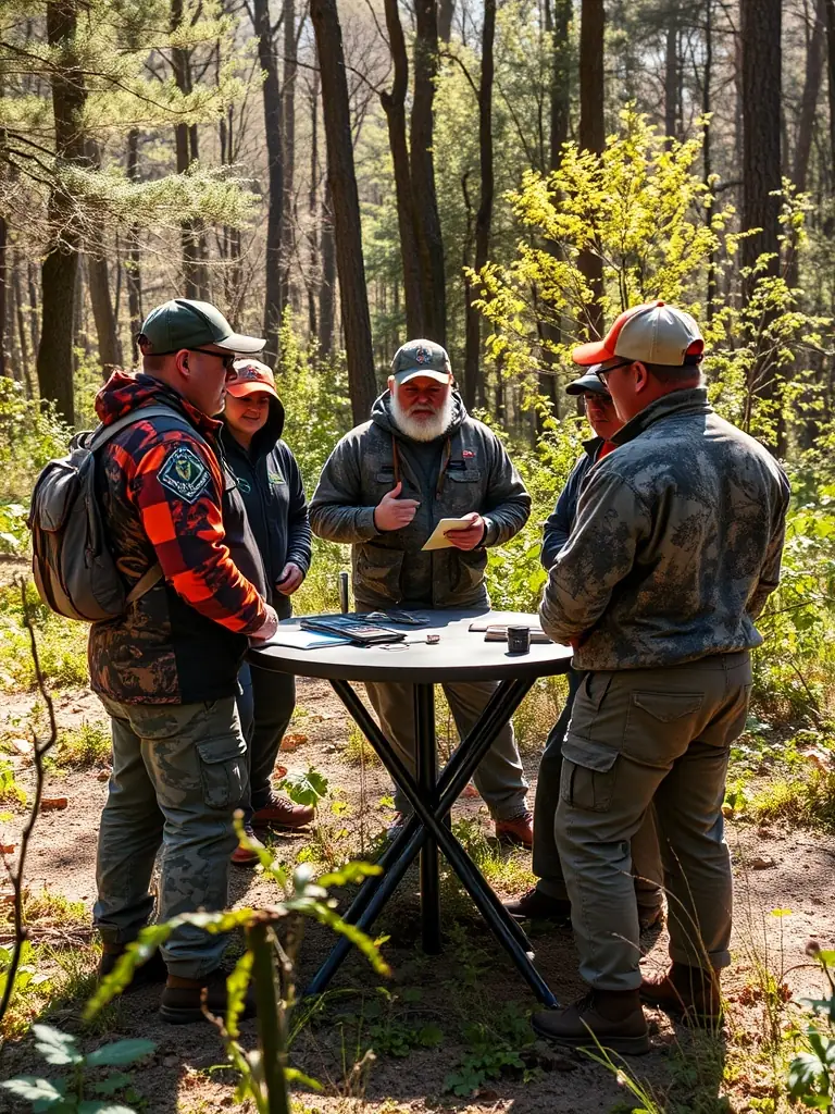 A photograph showing a group of hunters participating in a responsible hunting workshop outdoors, learning about ethical practices.