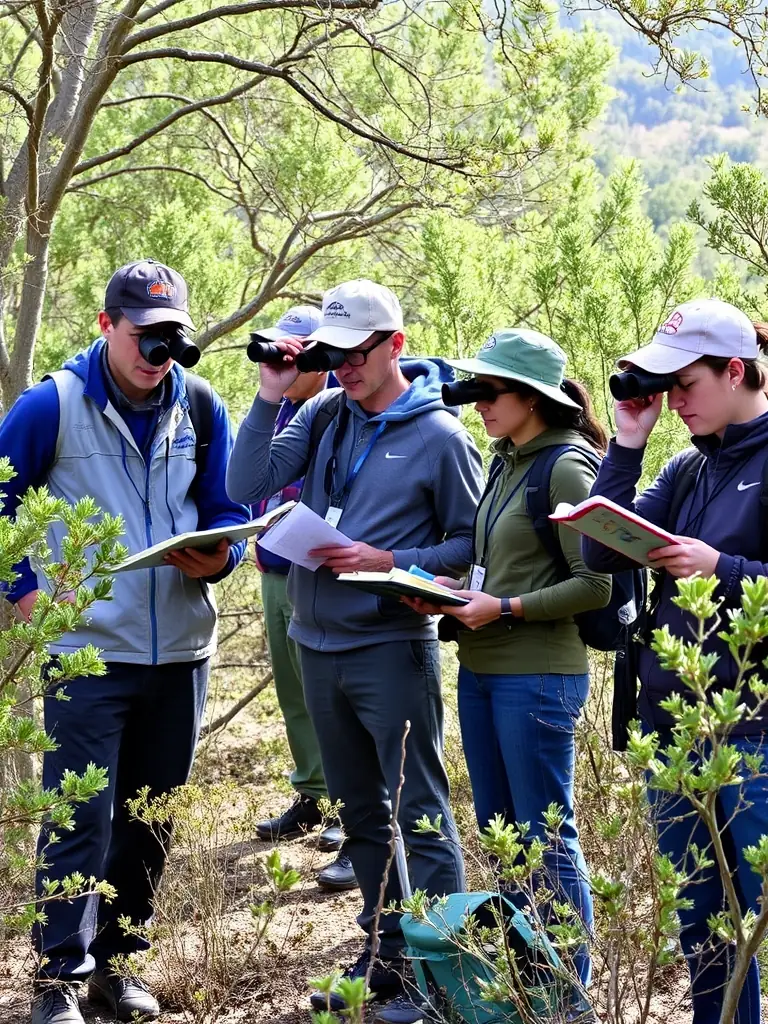 A photograph depicting members of ASSOCIATION COMMUNALE DE CHASSE AGREEE DE CHAUDES-AIGUES participating in a wildlife census, using binoculars and notebooks in a natural setting.