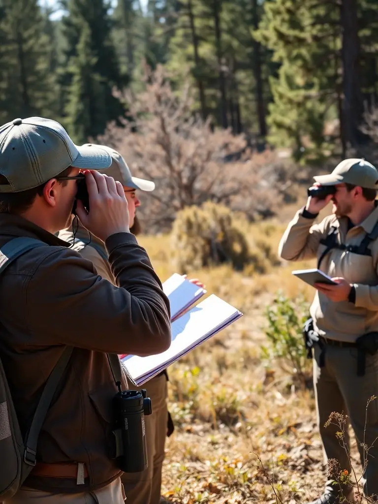 A photograph depicting wildlife rangers monitoring animal populations in a lush forest, emphasizing conservation efforts.
